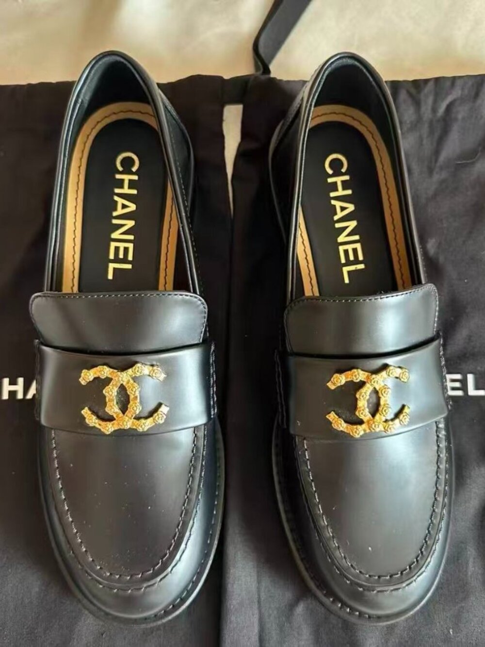 Chanel Black Leather Gold CC Logo Loafers